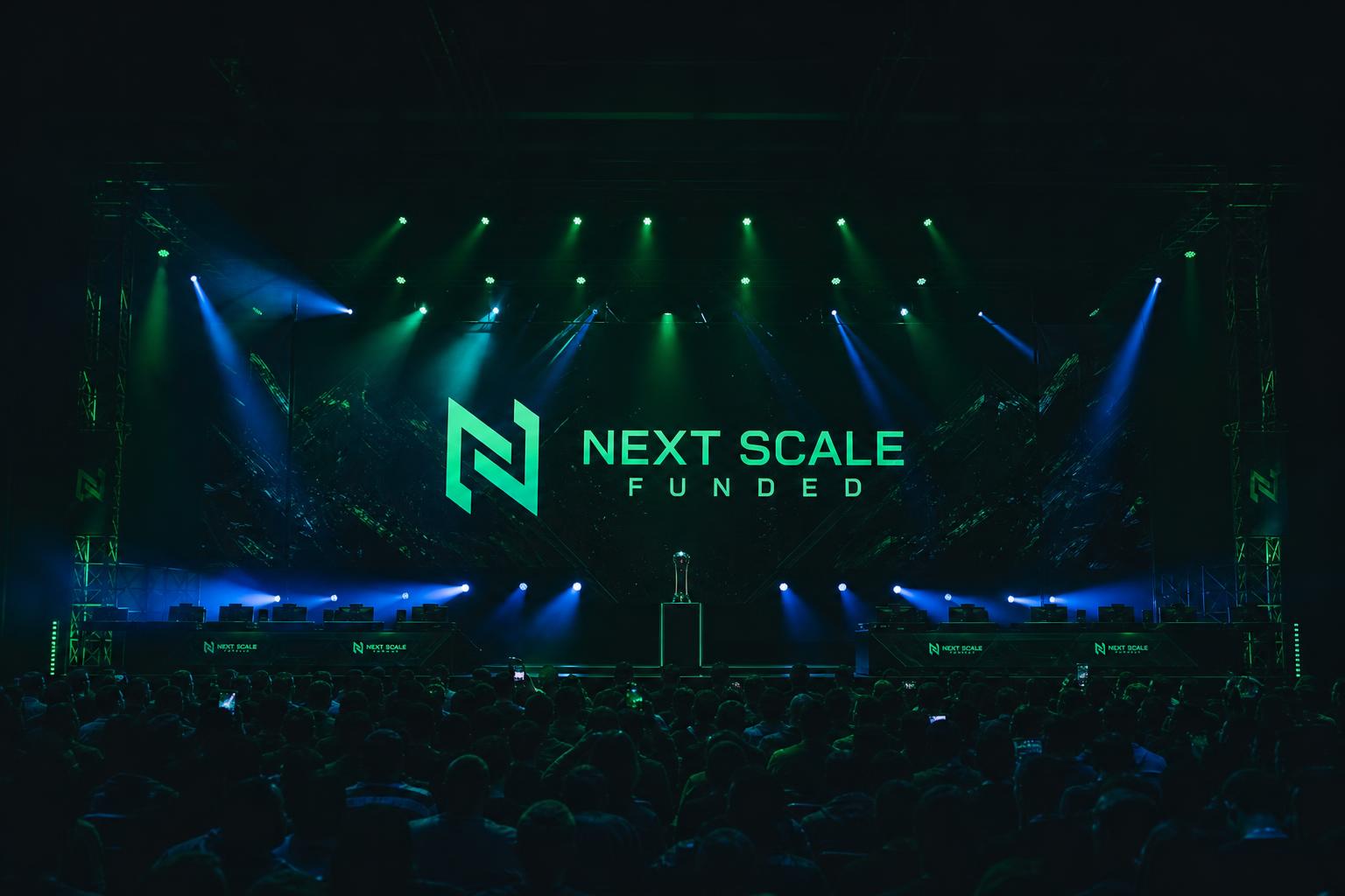 Next Scale Funded branding on a large arena stage screen