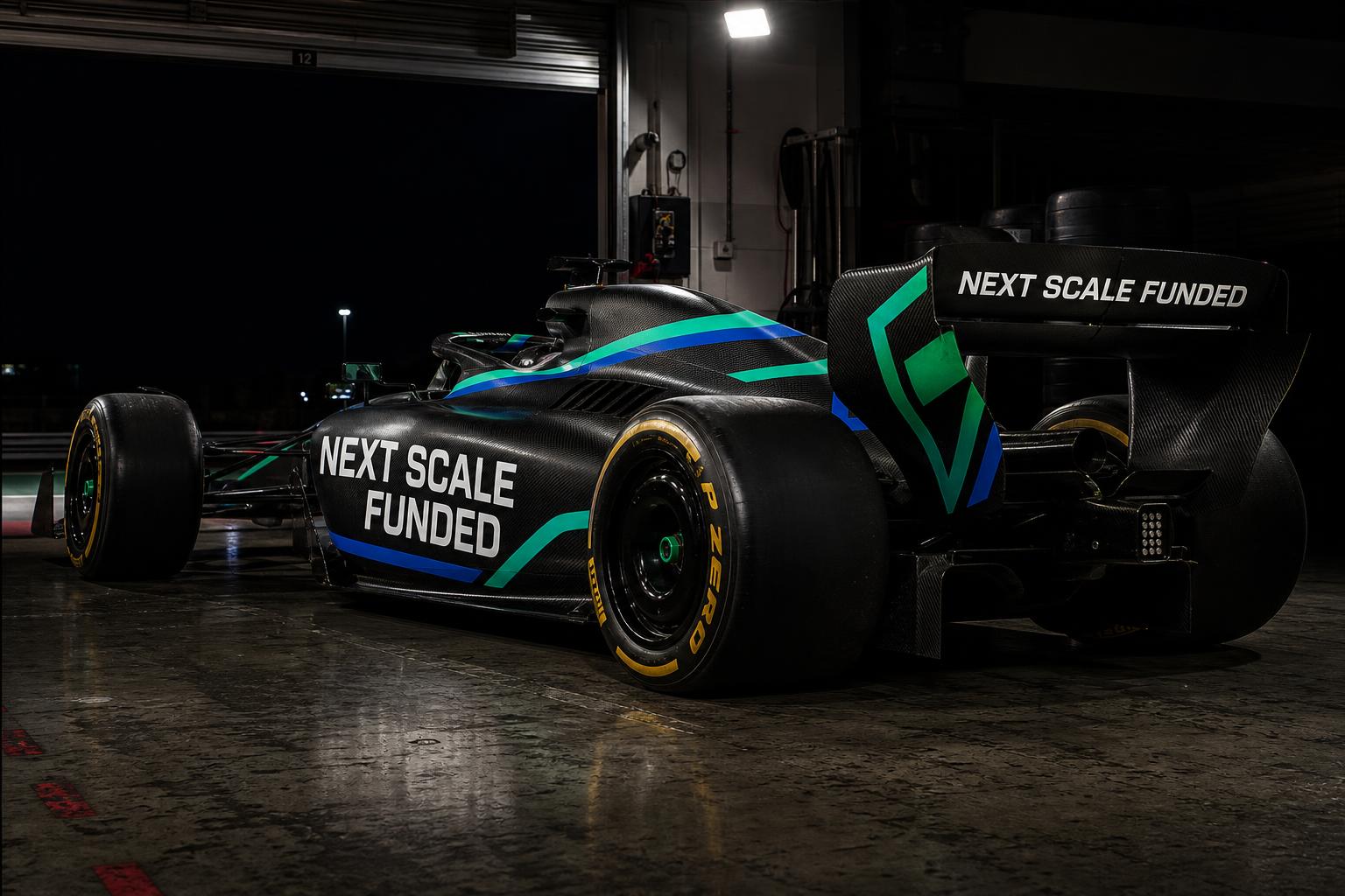 Formula 1 car in Next Scale Funded emerald and blue livery on a floodlit pit lane